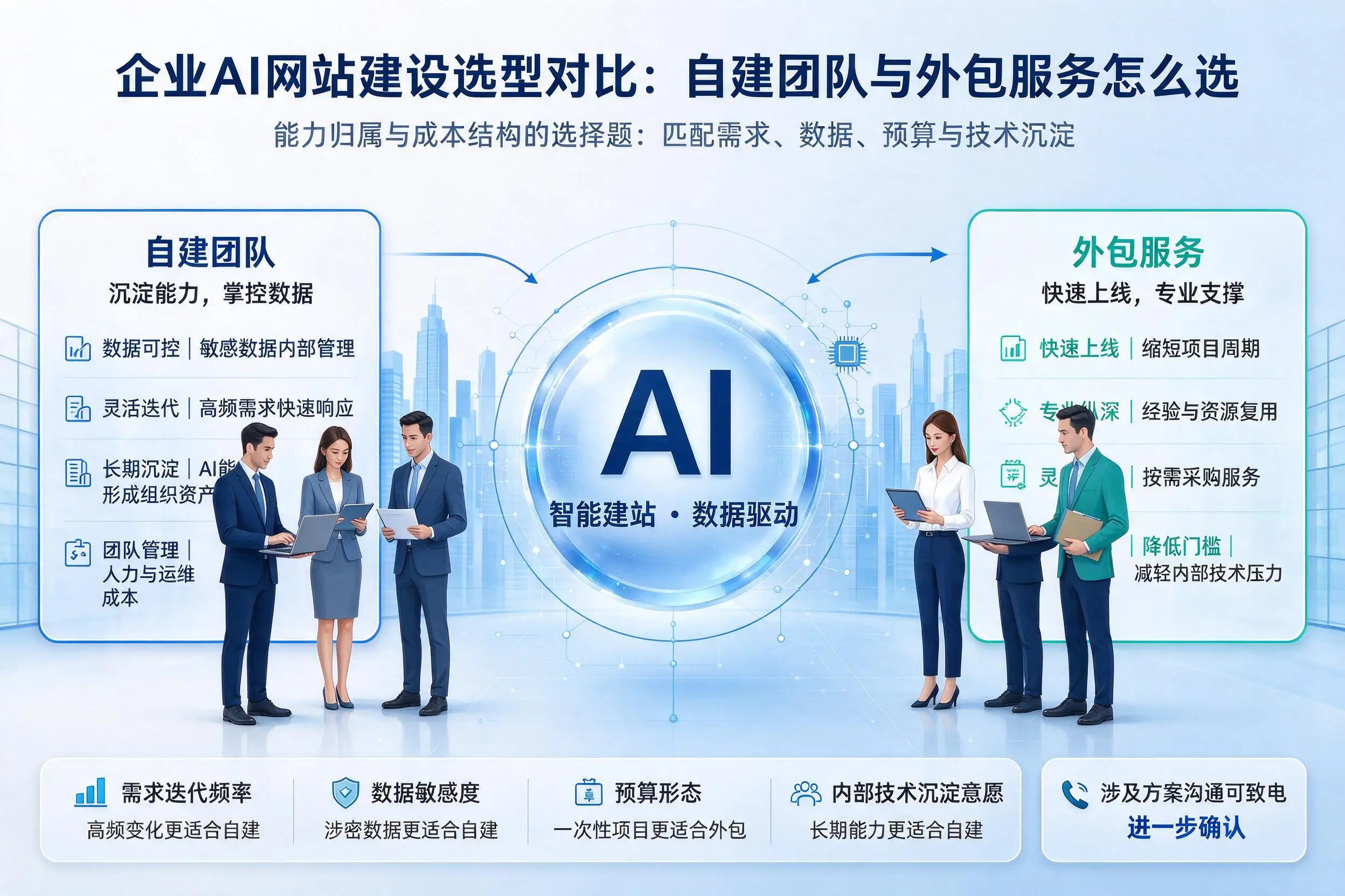 天水企业AI网站建设选型对比：自建团队与外包服务怎么选